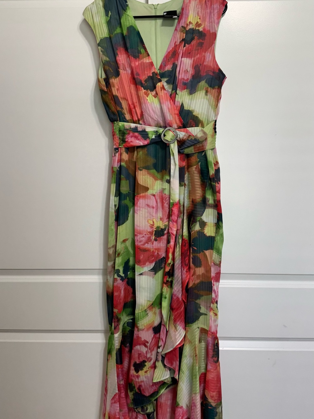 Maison Tara Floral Wrap Maxi Dress in Pink, Green and Navy